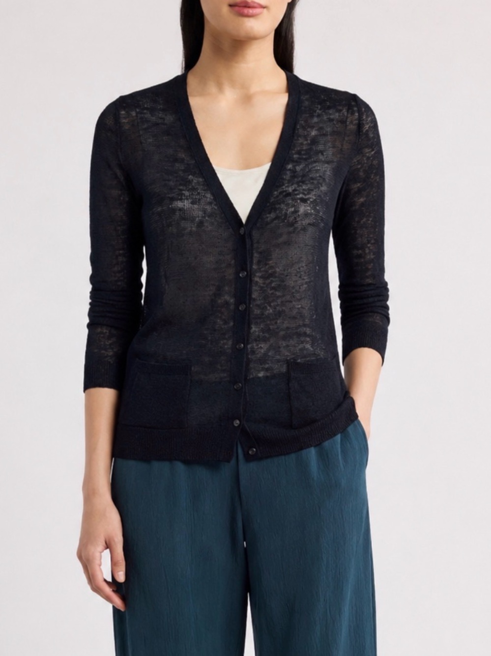 NWT Muji 100% Linen Women’s V-Neck Cardigan Sweater Lightweight Black Pockets S
